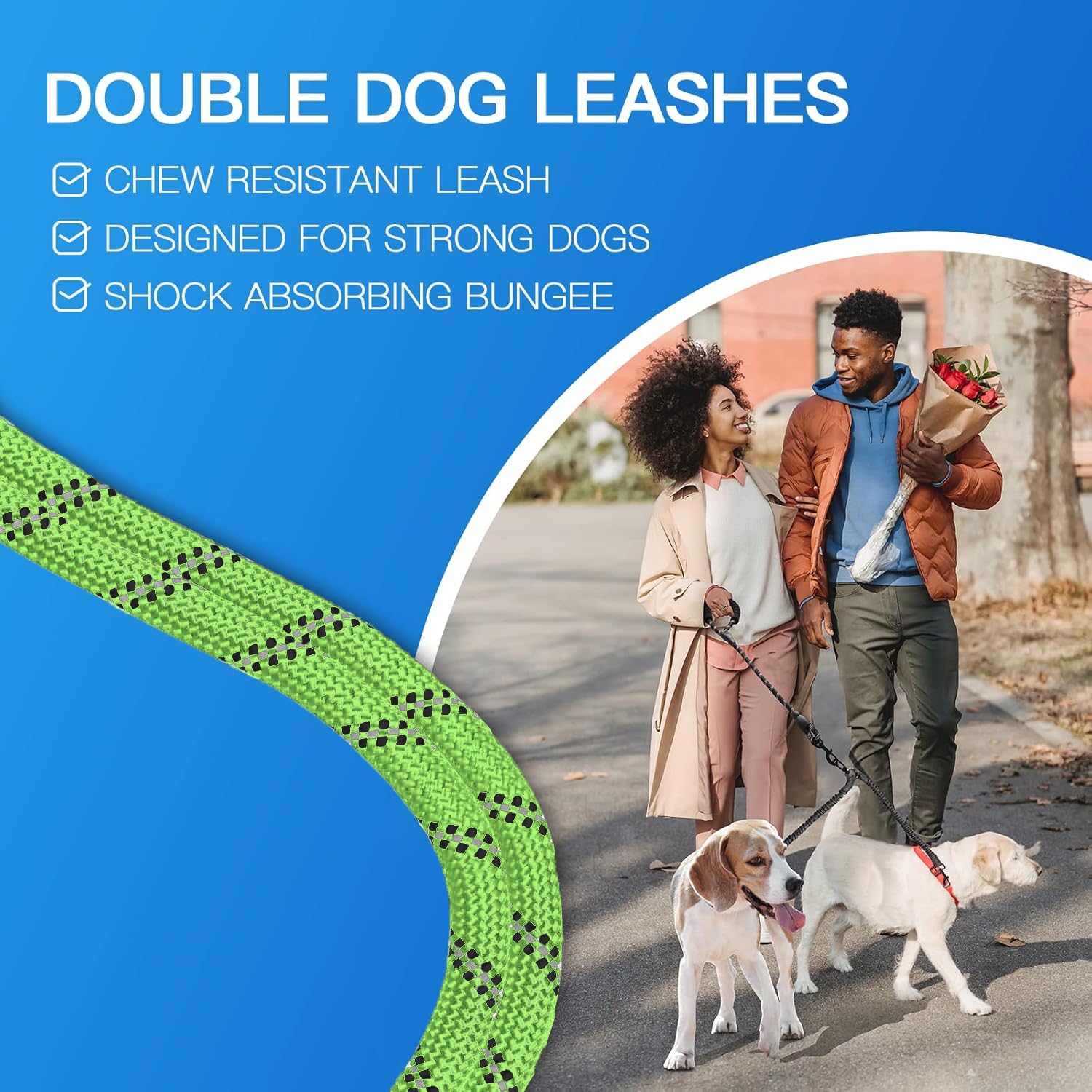 Mingxpets Double Dog Leash, Dual Dog Leash, 360 Swivel Tangle Free Bungee Walking Training For Medium Dogs, Shock Absorbing Bung