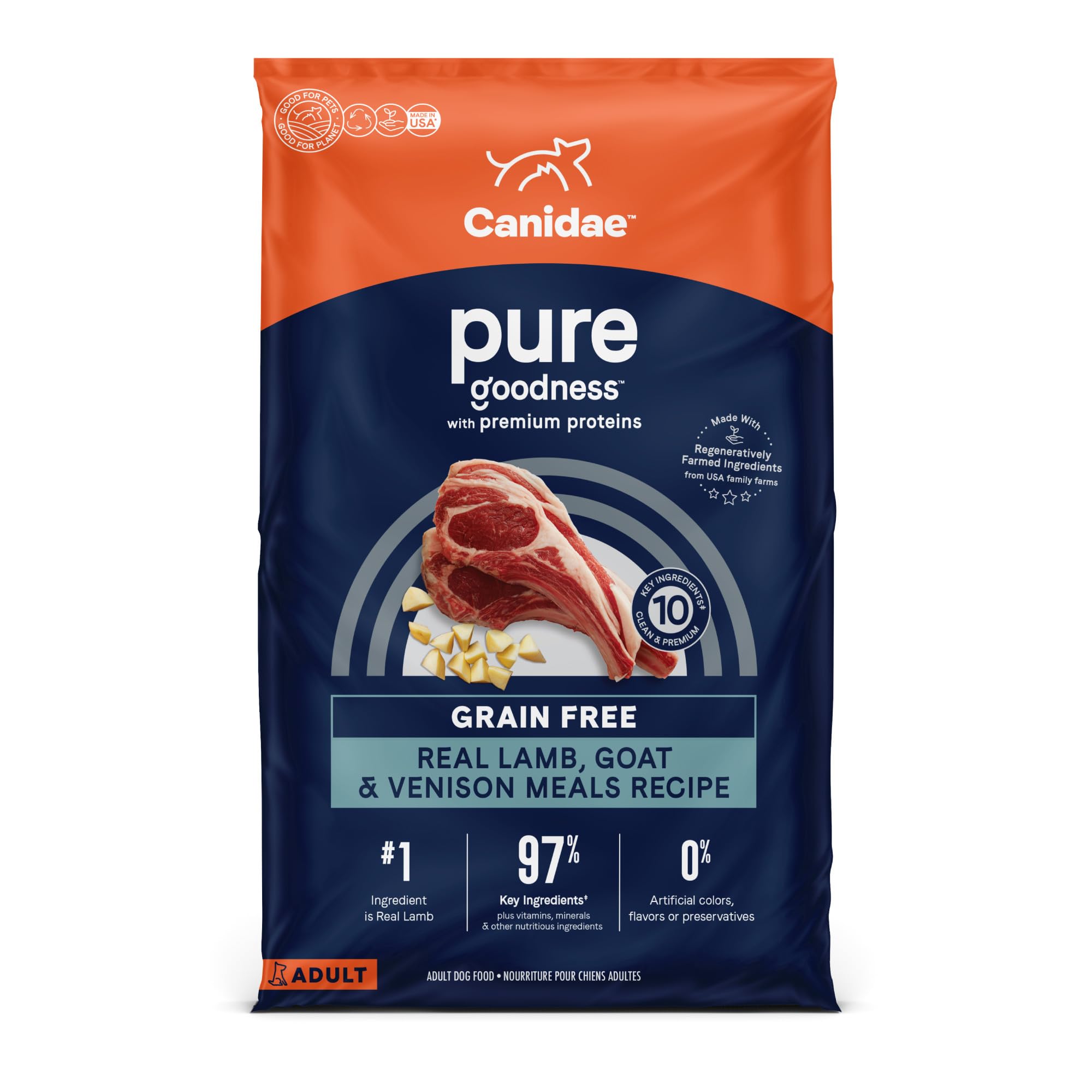 Canidae Pure Limited Ingredient Premium Adult Dry Dog Food, Real Lamb, Goat & Venison Meals Recipe, 22 lbs, Grain Free