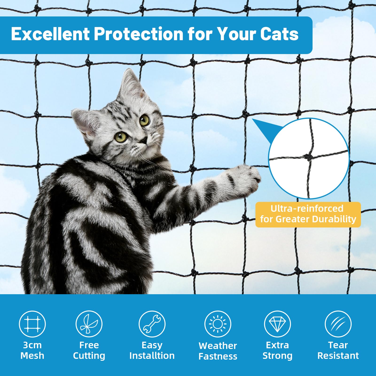 Lewondr Cat Netting Balcony, 10x20ft Steel Wire Reinforced Balcony Screen for Pets, Anti-Fall Pet Mesh Fence Cat Safety Net for