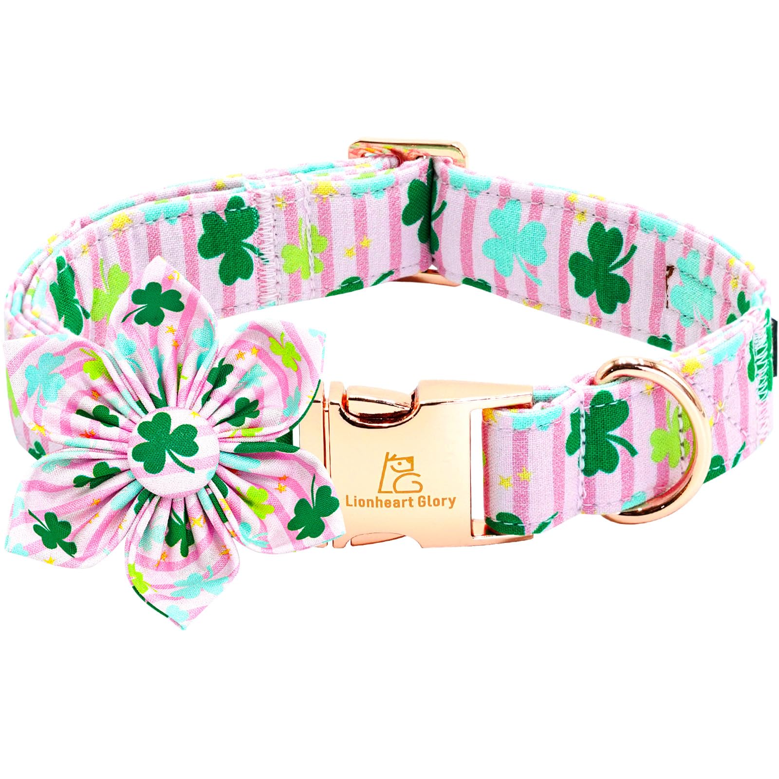 Lionheart Glory St. Patrick'S Day Collar With Flower-Lucky Clover Shamrock Dog Bow - Pink Spring Trefoil Flowers - Adjustable He
