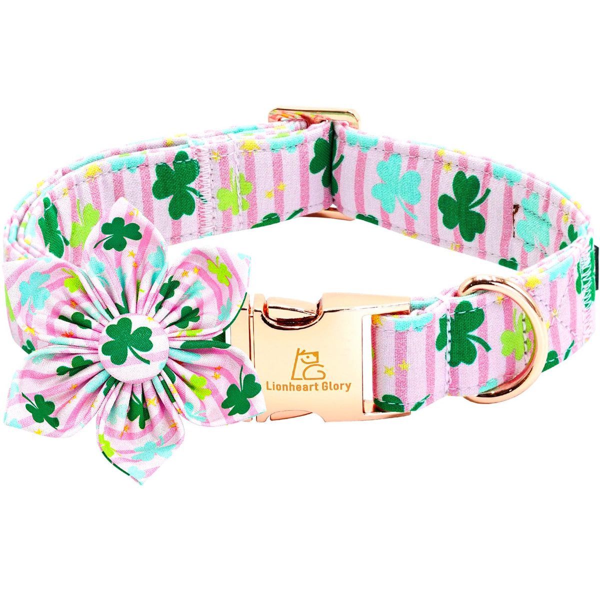 Lionheart Glory St. Patrick'S Day Collar With Flower-Lucky Clover Shamrock Bow For Large Dogs - Pink Spring Trefoil Flowers - Ad