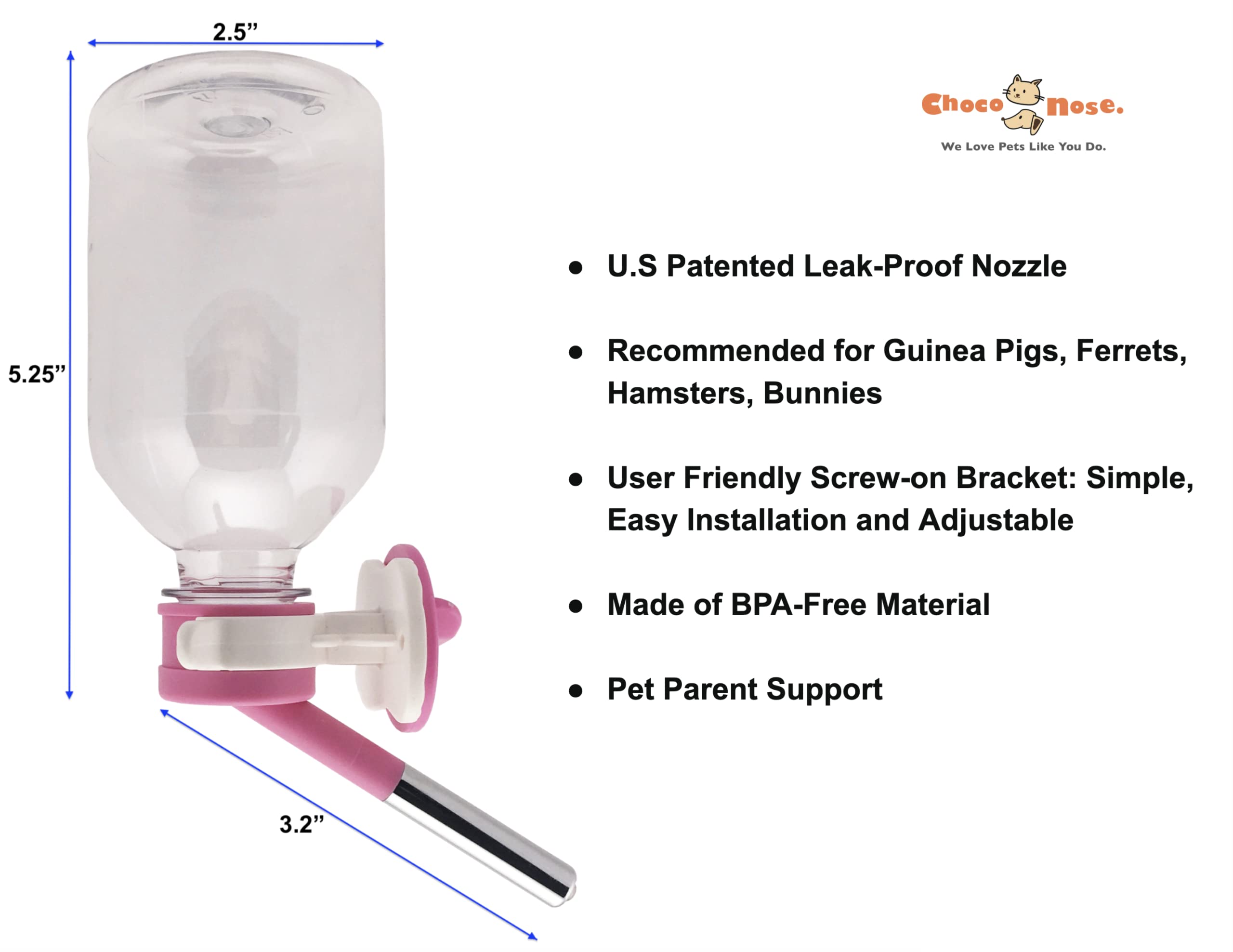 Choco Nose No-Drip Water Bottle/Feeder for Small Pets, 10.2 oz, 10mm Nozzle, C128 Pink - Ideal for Guinea Pigs, Bunnies,