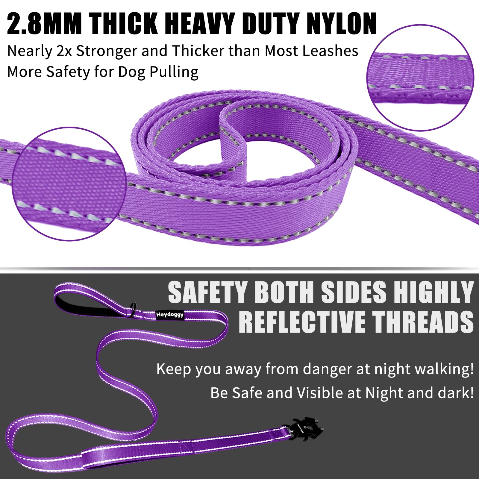 Strong Heavy Duty Dog Leash - 5Ft Reflective Nylon Training Leash With Soft Padded Double Handle & Auto Lock Frog Clip, Safety T