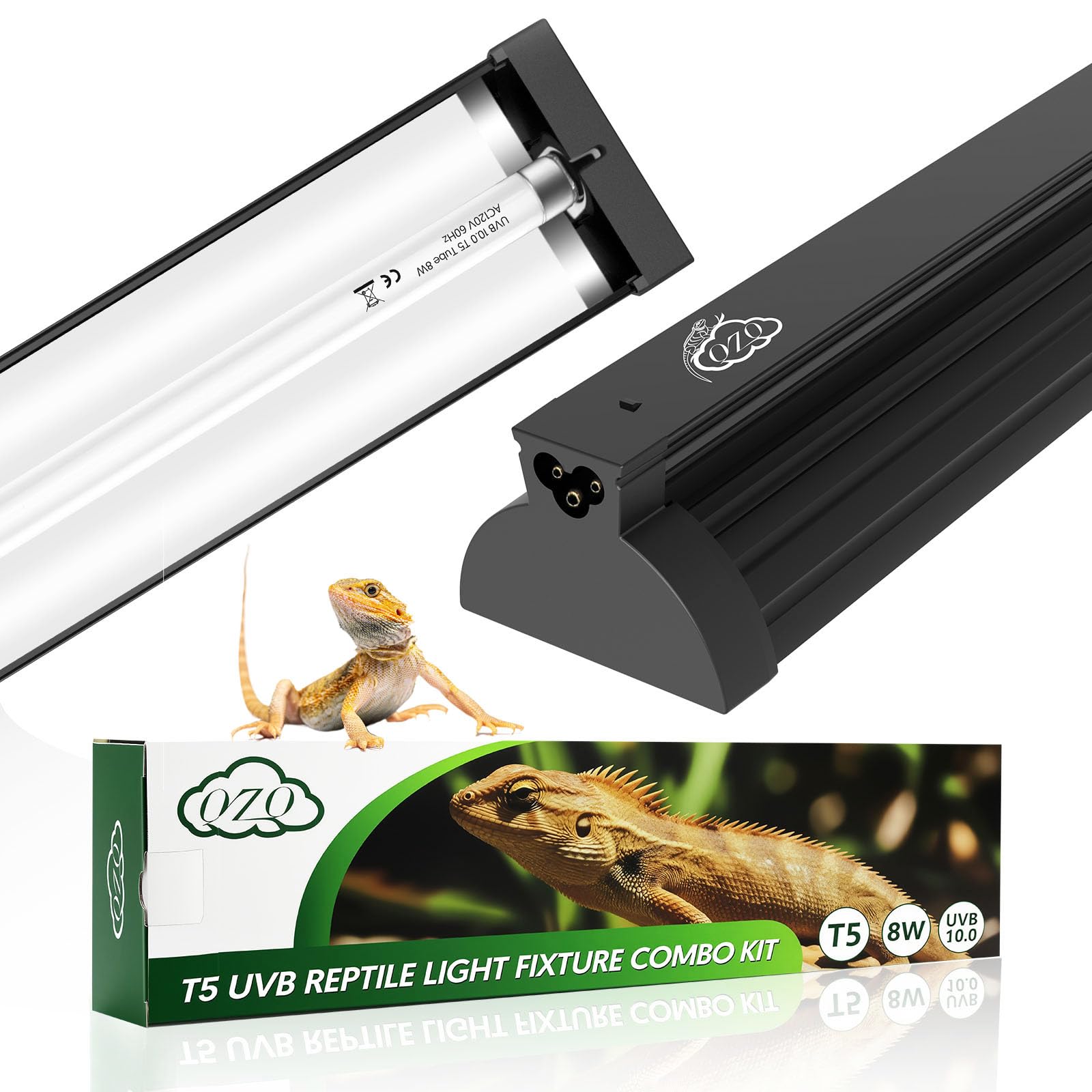 QZQ T5 UVB Reptile Light Fixture Combo Kit 8W, 10.0 UVB Light for Reptiles, Terrarium Hood Comes with Desert UVB Lamp for Bearde