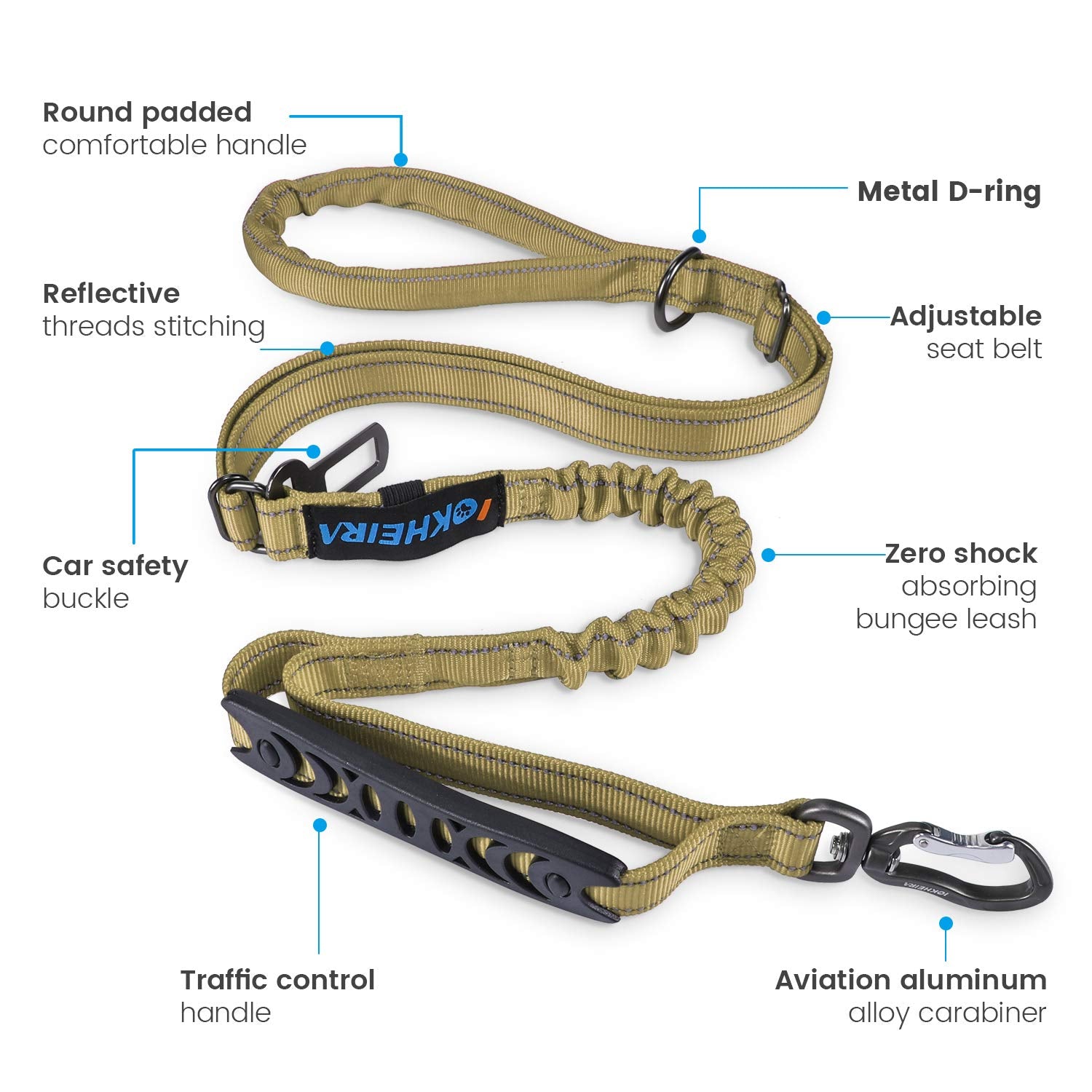 Iokheira Multifunctional Dog Leash - 4-6 Ft Strong Bungee, Car Seatbelt Compatible, Army Green