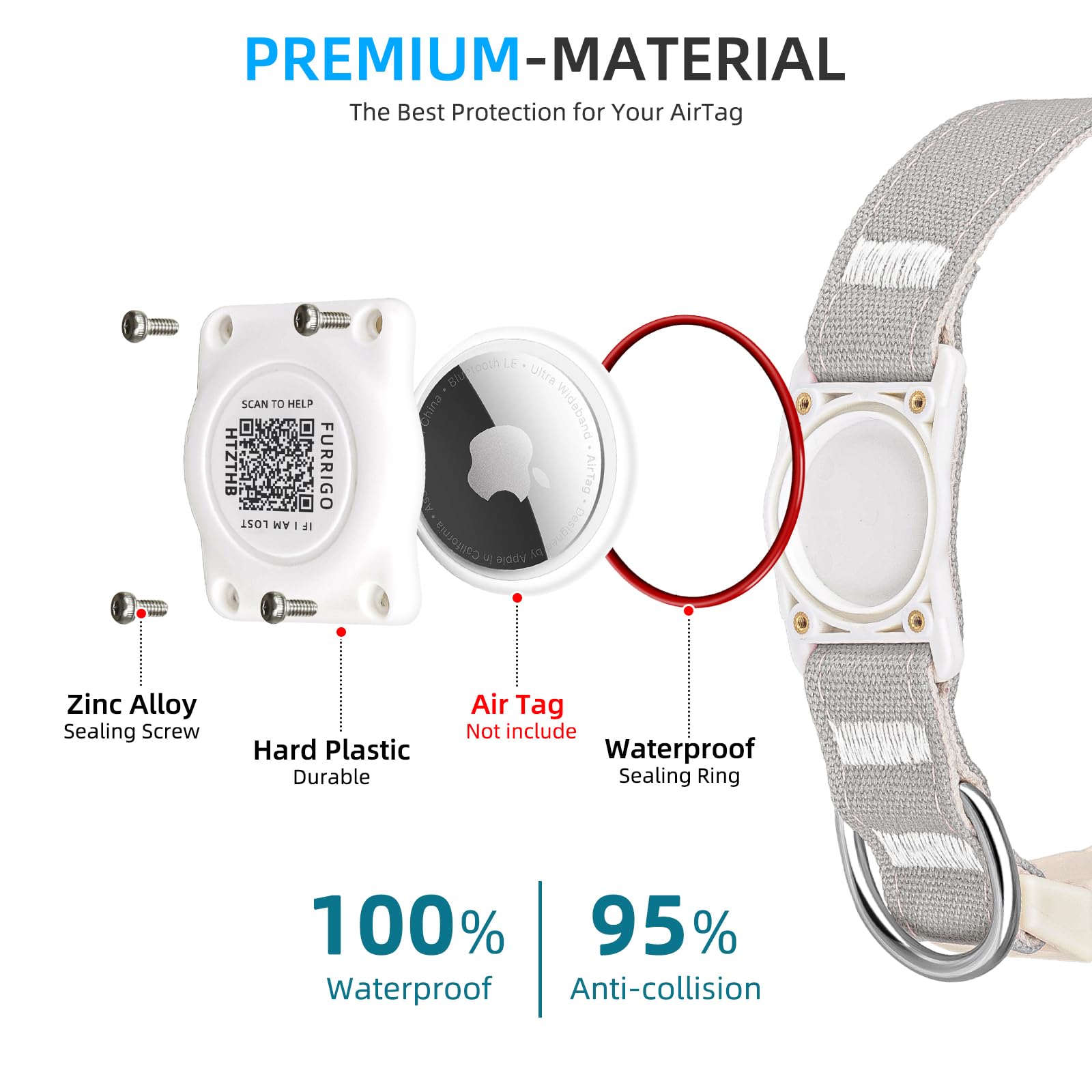 Airtag Dog Collar QR Code - IP68 Waterproof Integrated Air Tag Dog Collar Holder ID Tag - Free Pet Online Profile - Durable Natu