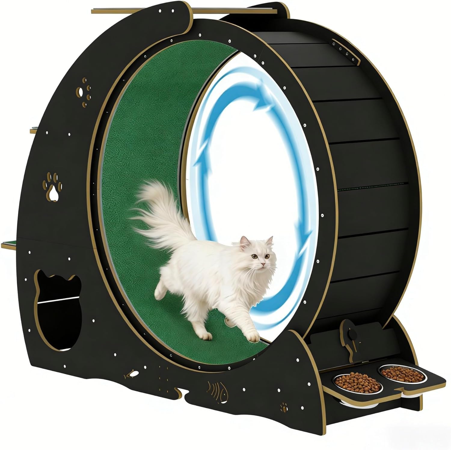 Large 55 Cat Wheels for Indoor Cats, Cat Treadmill Exercise Wheel with Built-in Bowls, Scratching Post & 3-Tier Jumping Tower fo