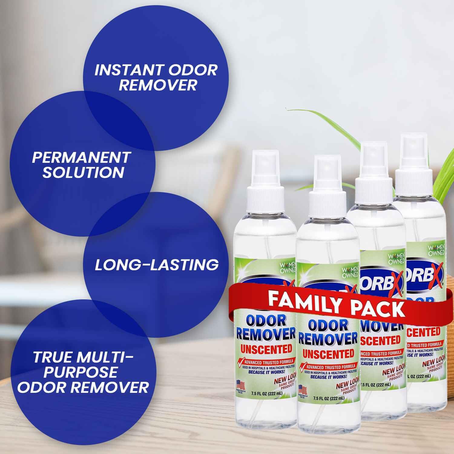 Zorbx Unscented Odor Eliminator For Strong Odor - Used In Hospitals & Healthcare Facilities | Advanced Formula, Fast-Acting Odor Remover Spray For Dog, Cat, House & Carpet - 7.5 Fl Oz (Pack Of 4)