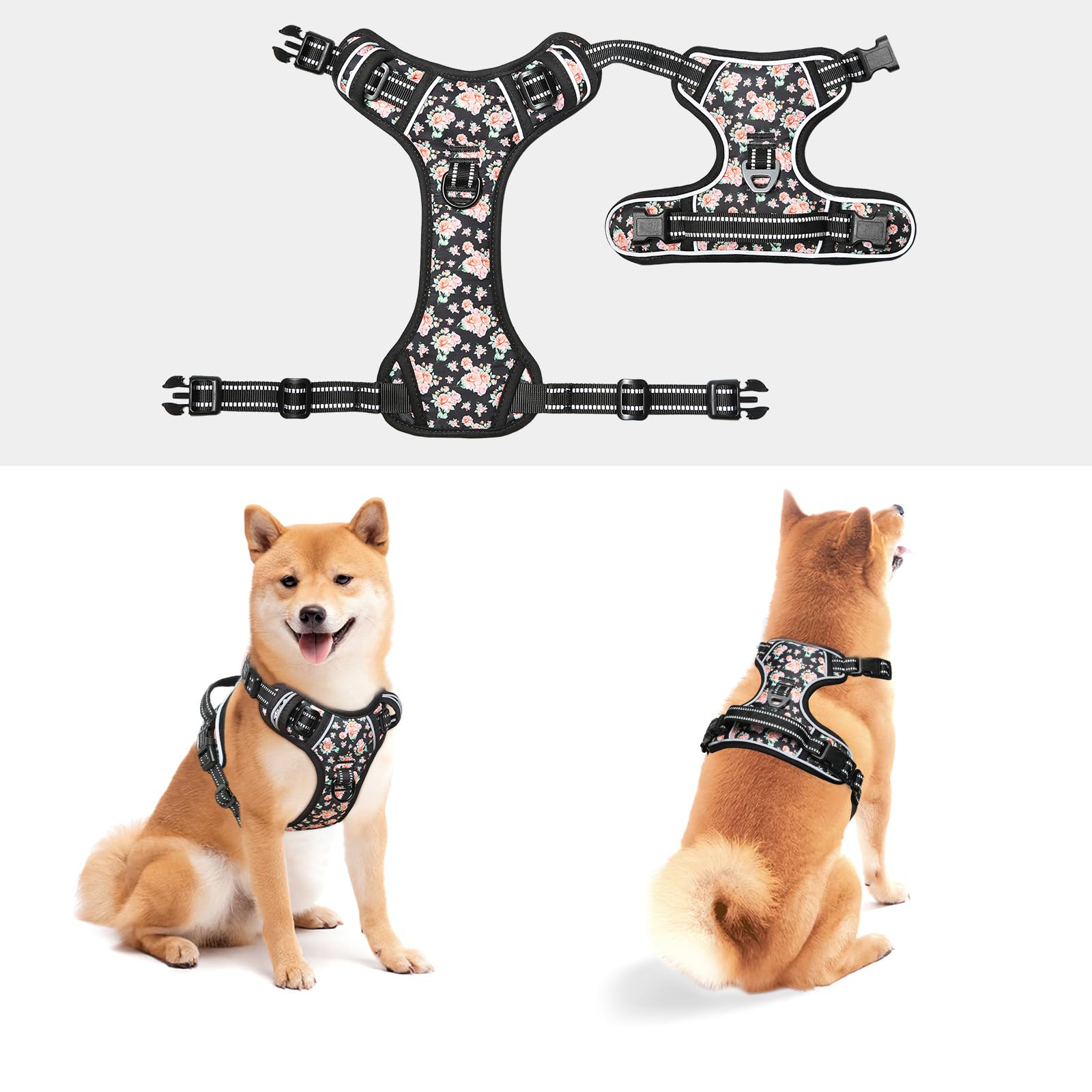 Timos Dog Harness, No Need Go Over Dogs Head 3 Snap Buckles With 2 Leash Clips, Adjustable Soft Padded No-Pull Dog Harness, Refl