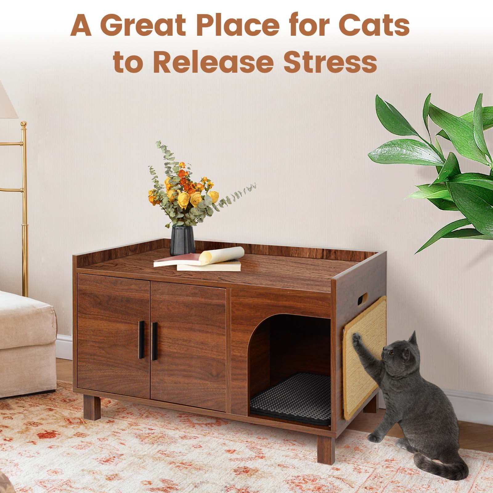 Pluroof Cat Litter Box Enclosure, Modern Cat Washroom Furniture Hidden Litter Box Cabinet As Indoor Decorative Nightstand With Scratching Pad, Rustic Brown