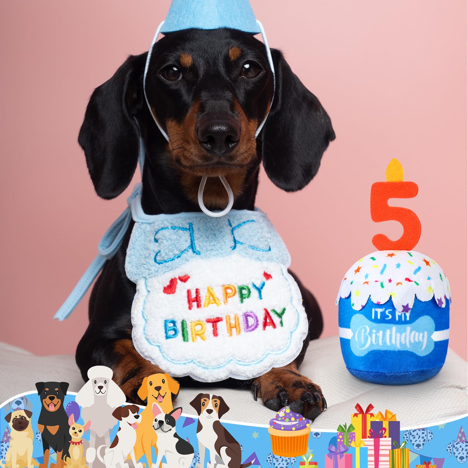 Dansydaisy Dog 5Th Birthday Cake Toy Accessories For Girl Boy Gifts, Blue Squeaky Plush Toy For Dog Birthday Party Decor Favor F