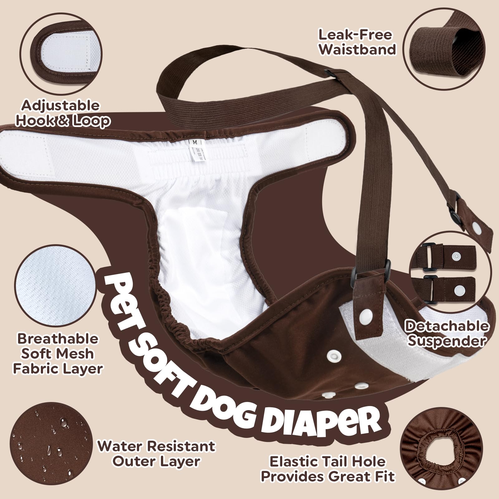 Pet Soft Washable Female Dog Diapers With Adjustable Suspenders (3 Pack) Escape-Proof Super Absorb Reusable Diapers For Heat, Tr