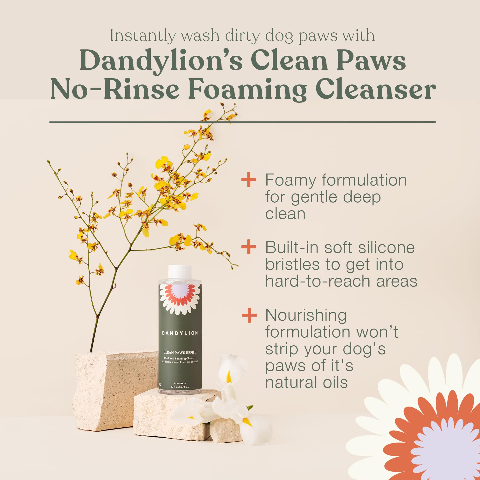 Dandylion Clean Paws No-Rinse Foaming Cleanser Refill - Gentle, Fragrance-Free, Ph-Balanced For Dogs, 10 Fl Oz
