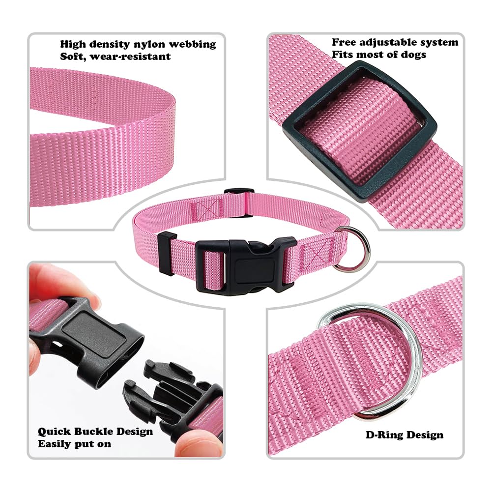 PENSEEPET Pink Dog Collar Basic Adjustable Dog Collars for Puppy Small Medium Large Dogs Girls with Breathable Quick Release Nyl
