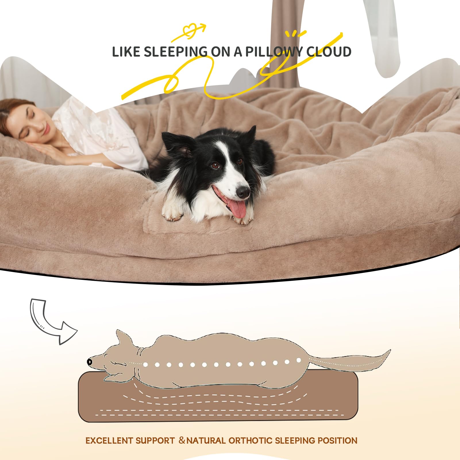 Fvkind Giant Dog Bed for Humans - 70"x33"x12" Orthopedic, Washable Faux Fur, Grey