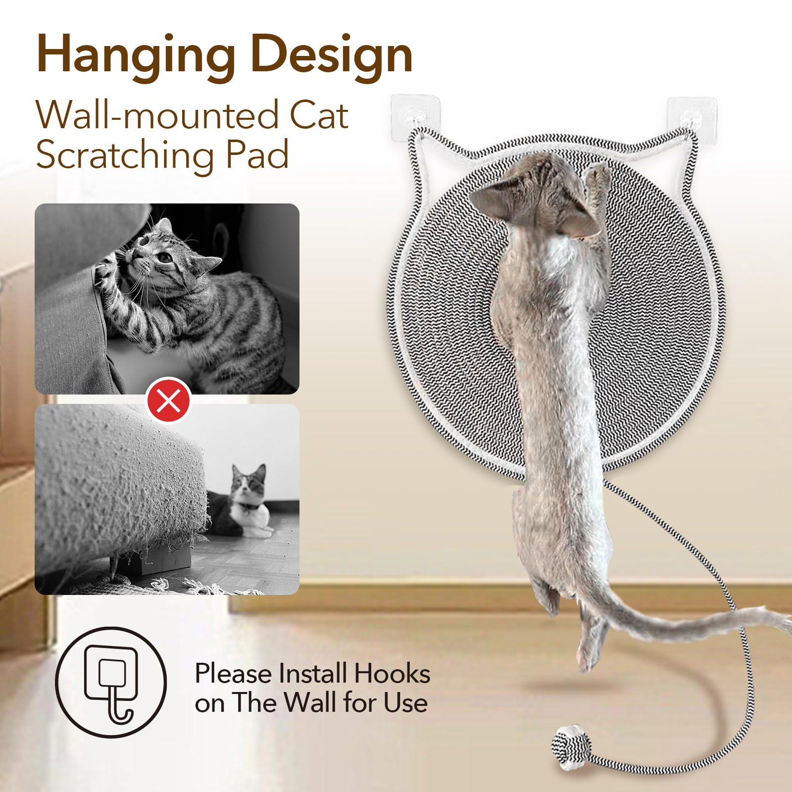 Goocare Cat Scratcher Mat With Cat Ball Toy, 17 Size Natural Cotton Rope Scratcher Pad For Indoor Cats, Cat Furniture Protector