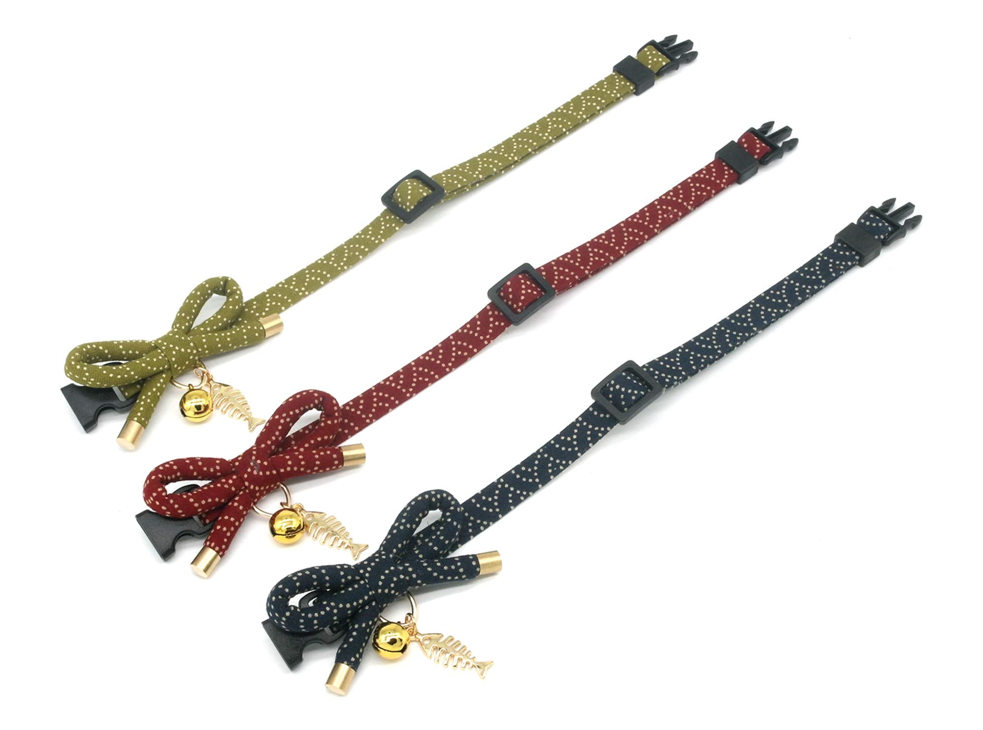 Petsokoo Cute Bowtie Cat Collar With Bell. Japanese Stylish Bowknot & Fish Charm. Safety Breakaway, Soft, Lightweight, For Girl Boy Male Female Cats Kitten,Green