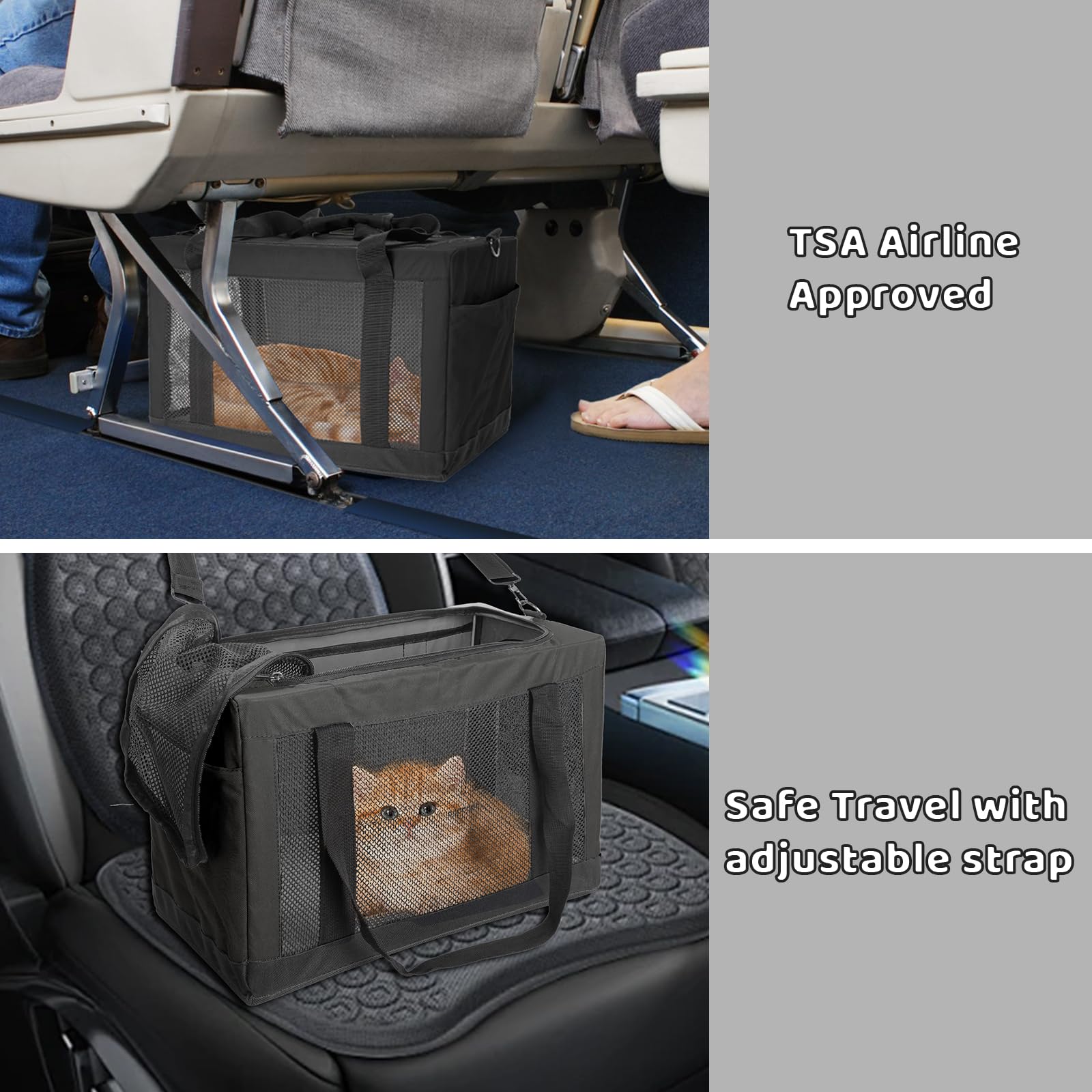 Soft Side Pet Carrier Bag with Shoulder Strap, Breathable Collapsible Mesh Cat Carrier for Cats and Dogs, TSA Airline Approved T