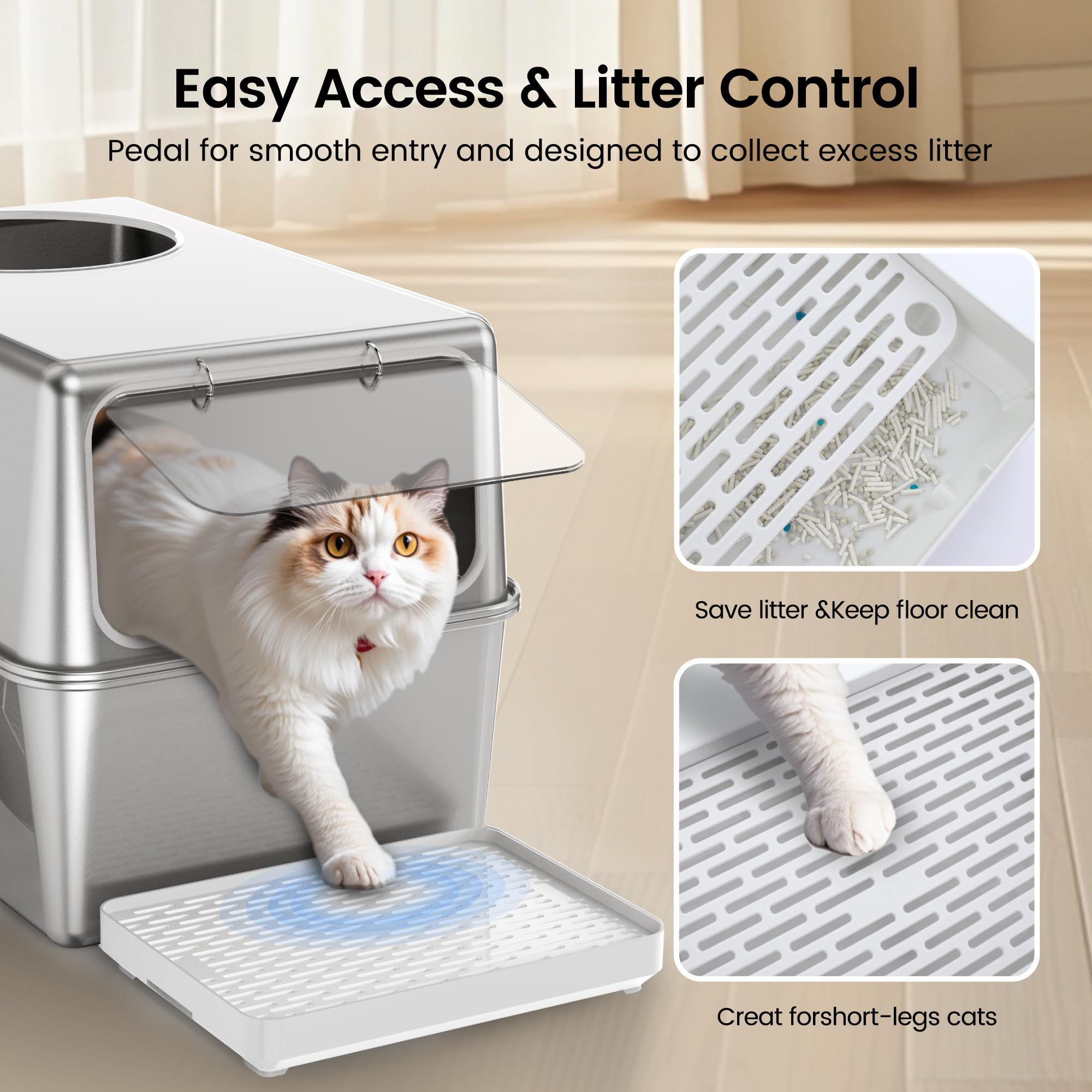 Aothey Stainless Steel Enclosed Cat Litter Box, Large XL, Silver, Odor Control, Easy to Clean, Durable with High Sides
