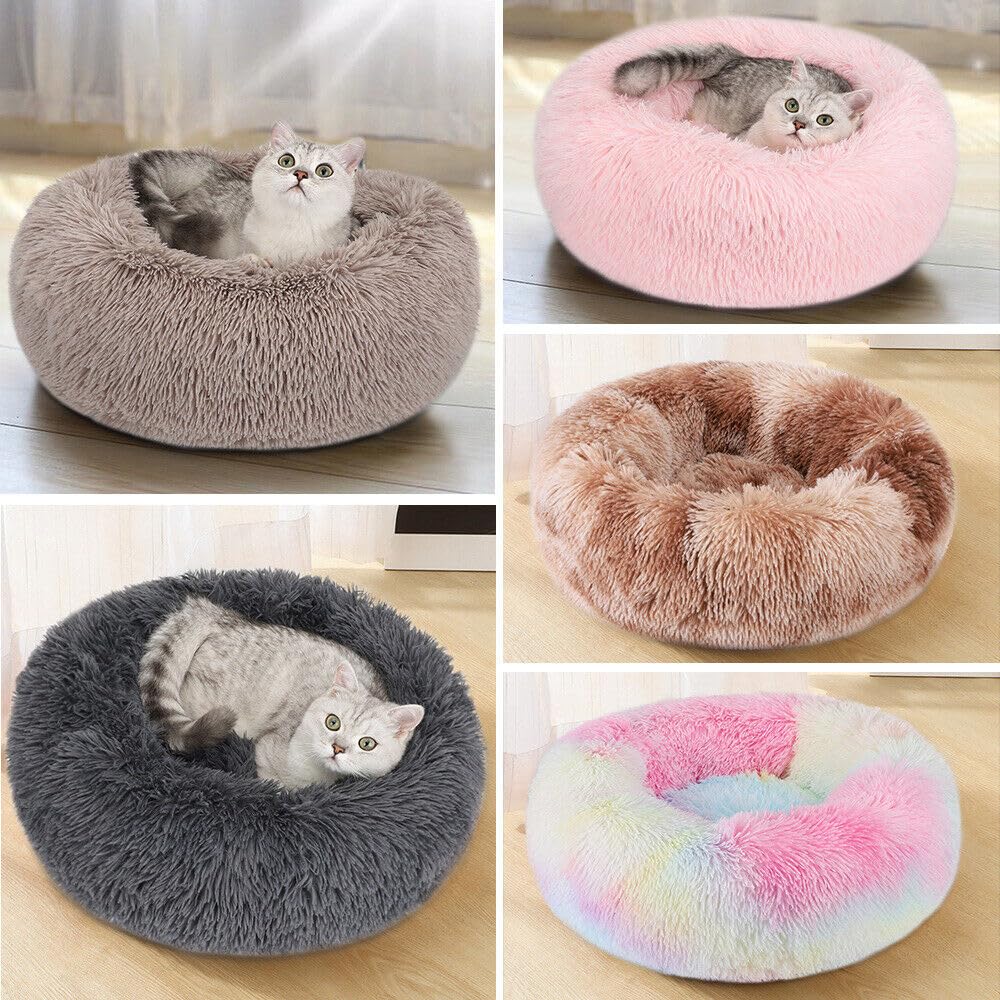 Cat Beds For Indoor Cats - Cat Bed Washable 20/24 Inches, Dog Beds For Small Medium Dogs, Anti Anxiety Round Fluffy Plush Faux Fur Cat Bed, Thick Bottom (Blue, Medium)