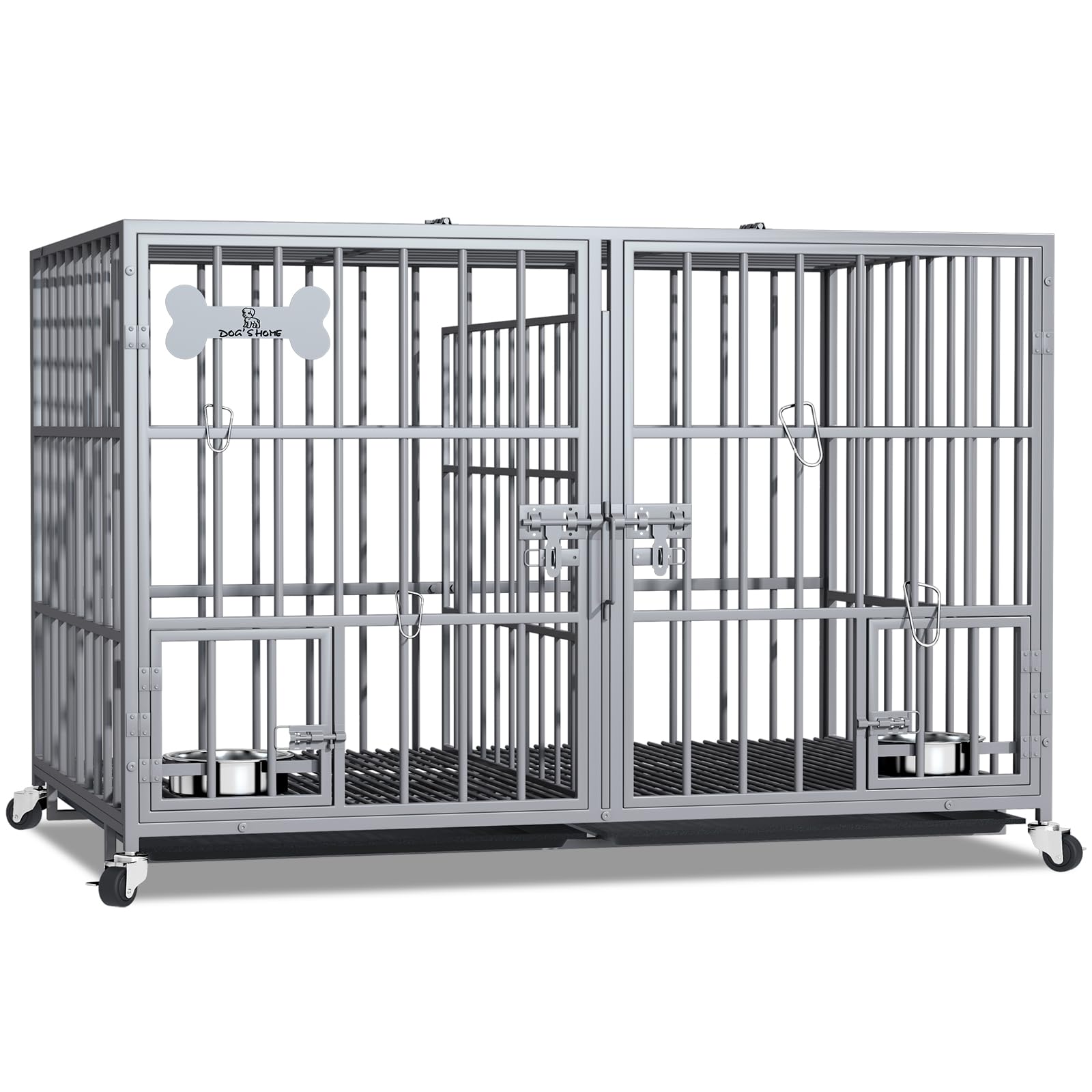 Aboxoo 42/48 Inch Heavy Duty Metal Dog Crate For 2 Dogs/Large Dog,All Metal Open Top,Dog Kennel Indoor With Wheels,Floor Grid, T