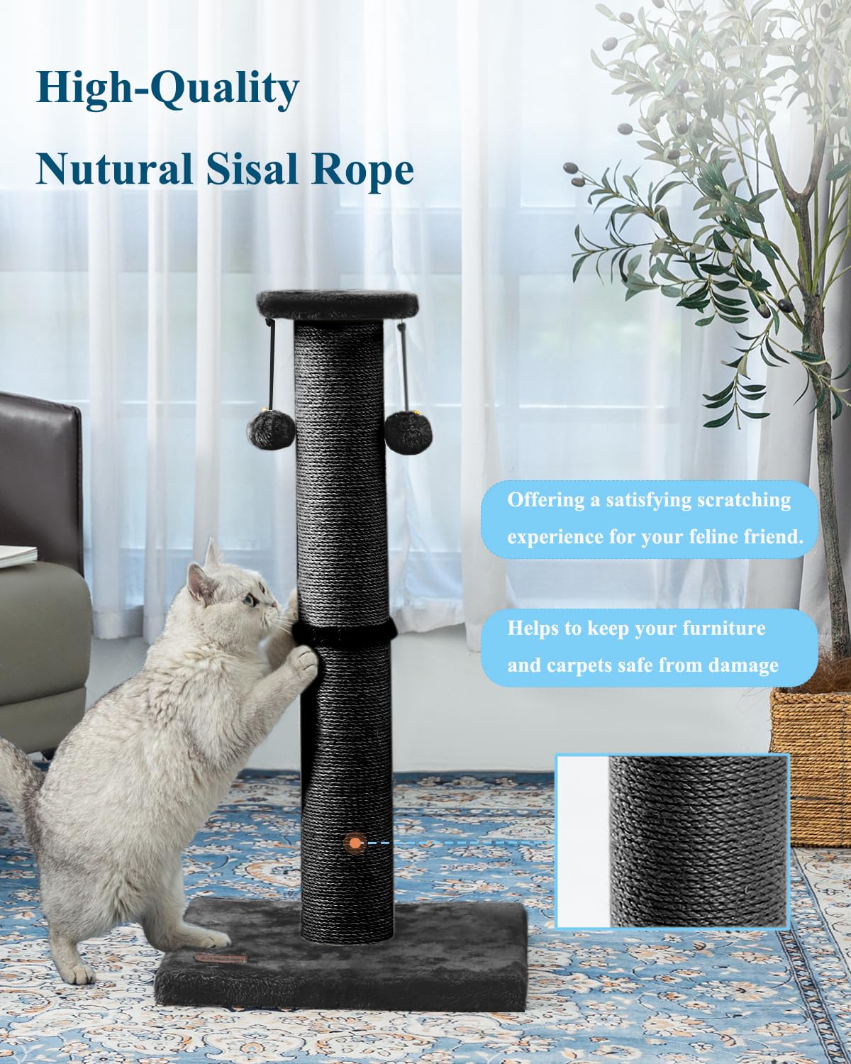 Kilodor 34Inch Tall Cat Scratching Post,4.3Inch Diameter Large Sisal Cat Scratch Post with Ball, Sturdy and Durable Cat Scratche