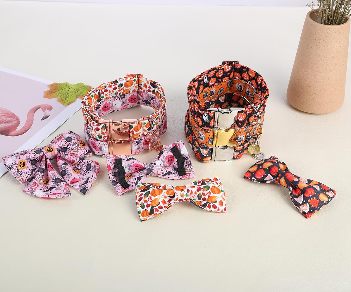 Dogwong Fall Dog Collar With Bowtie - Black Pumpkim Dog Collar Soft Cotton Autumn Dogs Necklace- Halloween Puppy Necklace For Sm