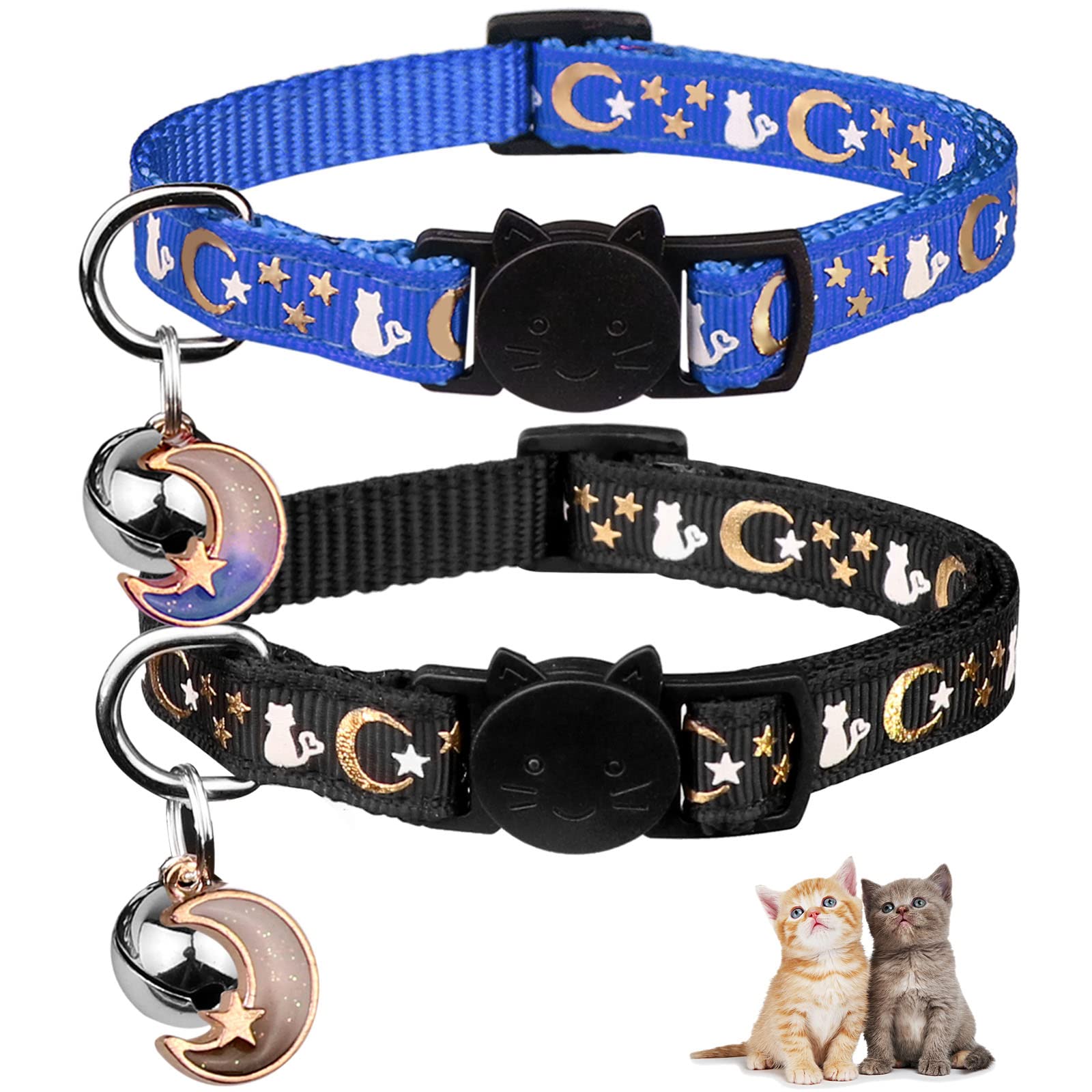 2Pcs Breakaway Cat Collars With Bell Moons Stars Cute Kitty Adjustable Safe Kitten Collars With Pendant Glow In The Dark(Black&B
