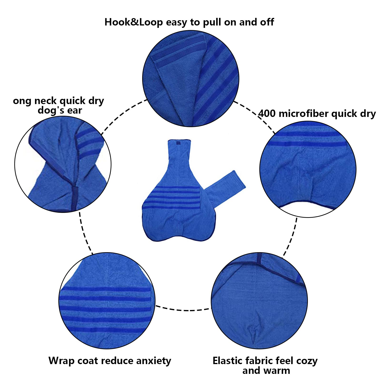 Dog Drying Coat Dressing Gown Towel Robe Pet Microfibre Super Absorbent Anxiety Relief Designed Puppy Fit For Xs Small Medium Large Dogs - Blue - Xl