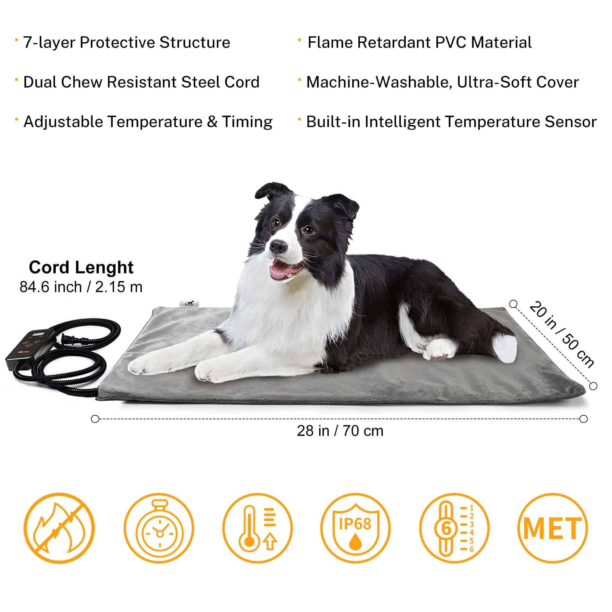 Toozey Pet Heating Pad, 28x20, 6 Adjustable Temperatures, Waterproof, Chew Resistant Cord, Electric Heated Bed for Dogs & Cats - Grey