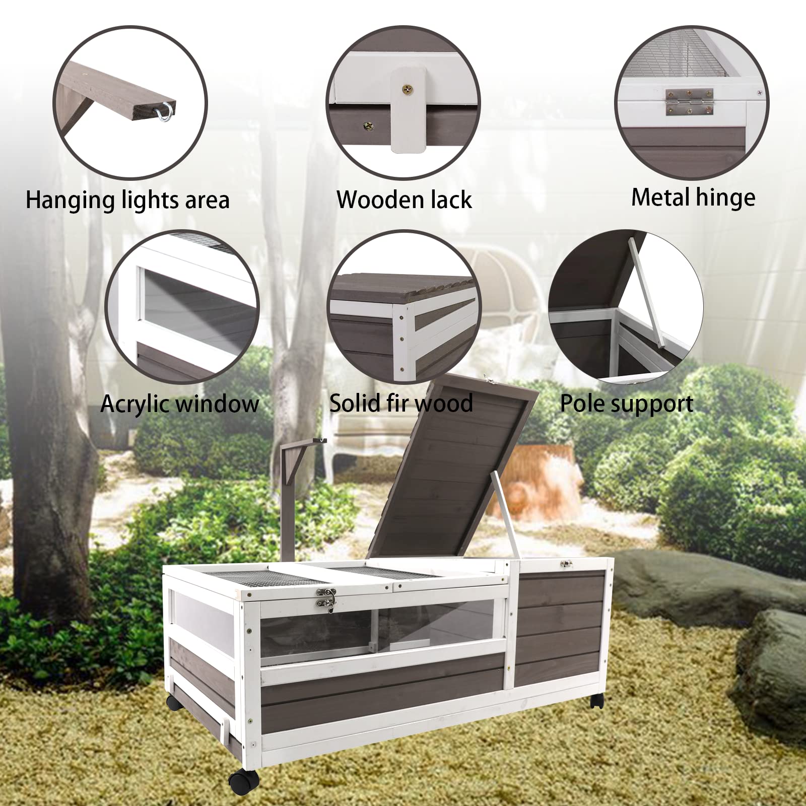 Gowoodhut Tortoise Habitat, Large Wooden Reptile Cage on Wheels, Leakproof Tray, 39" Wide, Grey