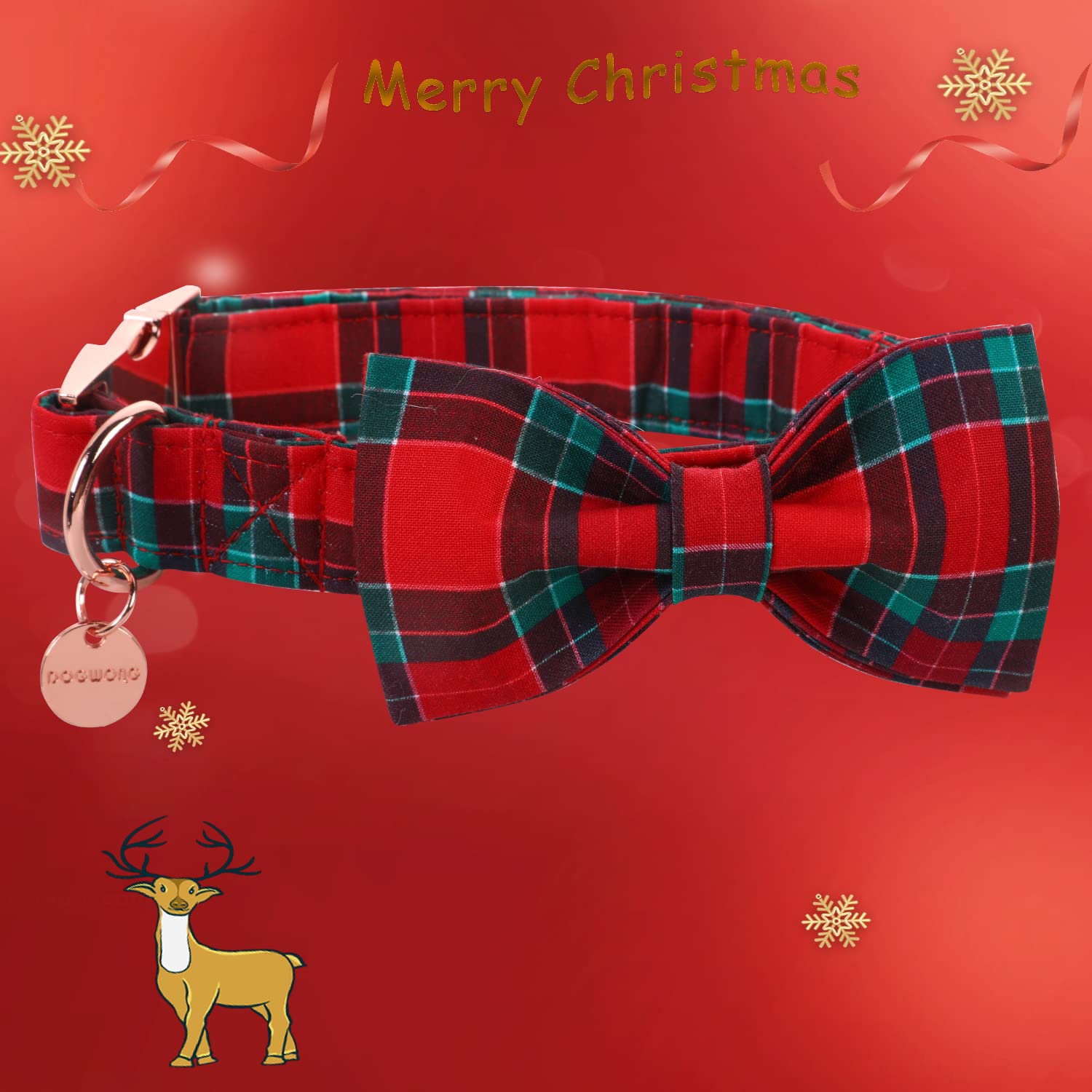 Dogwong Christmas Dog Collar With Bow Tie, Red Plaid Dog Collar Soft Durable Adjustable Cotton Red Green Tartan Puppy Collar For