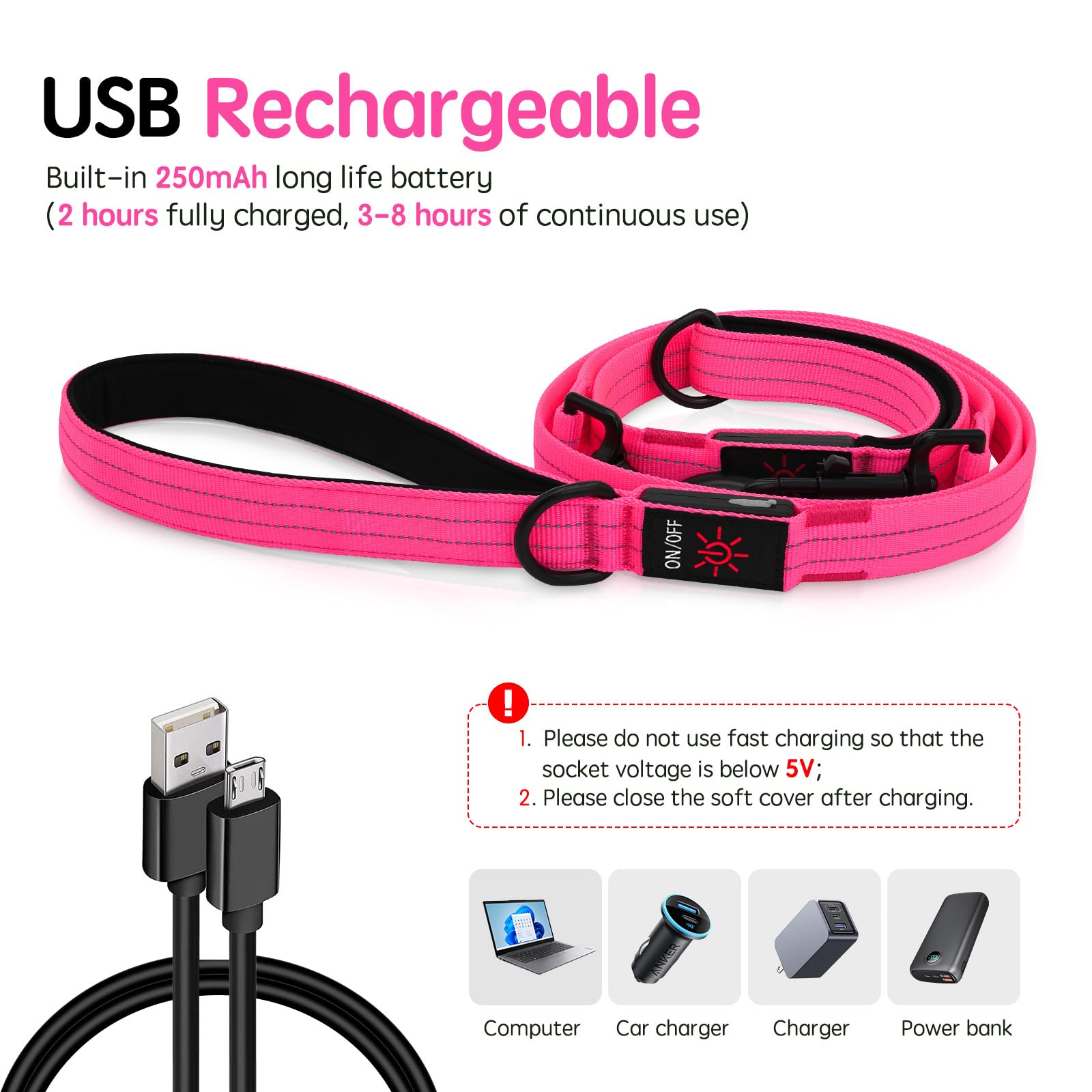 Itk Light Up Dog Leash, Led Leashes Rechargeable, Nylon Reflective Lead With Padded Handle For Night Walking, Safety Glow Lights