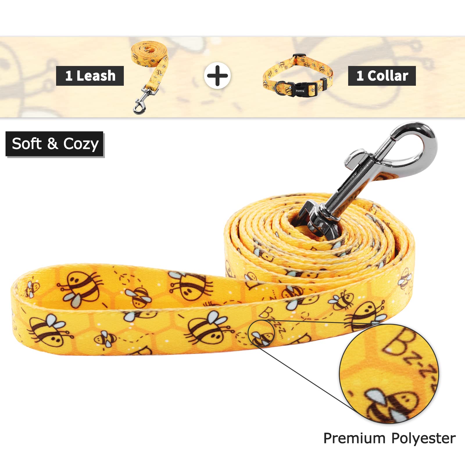 Ihoming Dog Collar And Leash Set For Daily Outdoor Walking Running Training, Bee Design For Medium Boys Girls Dogs Cats Pets, M-Up To 45Lbs