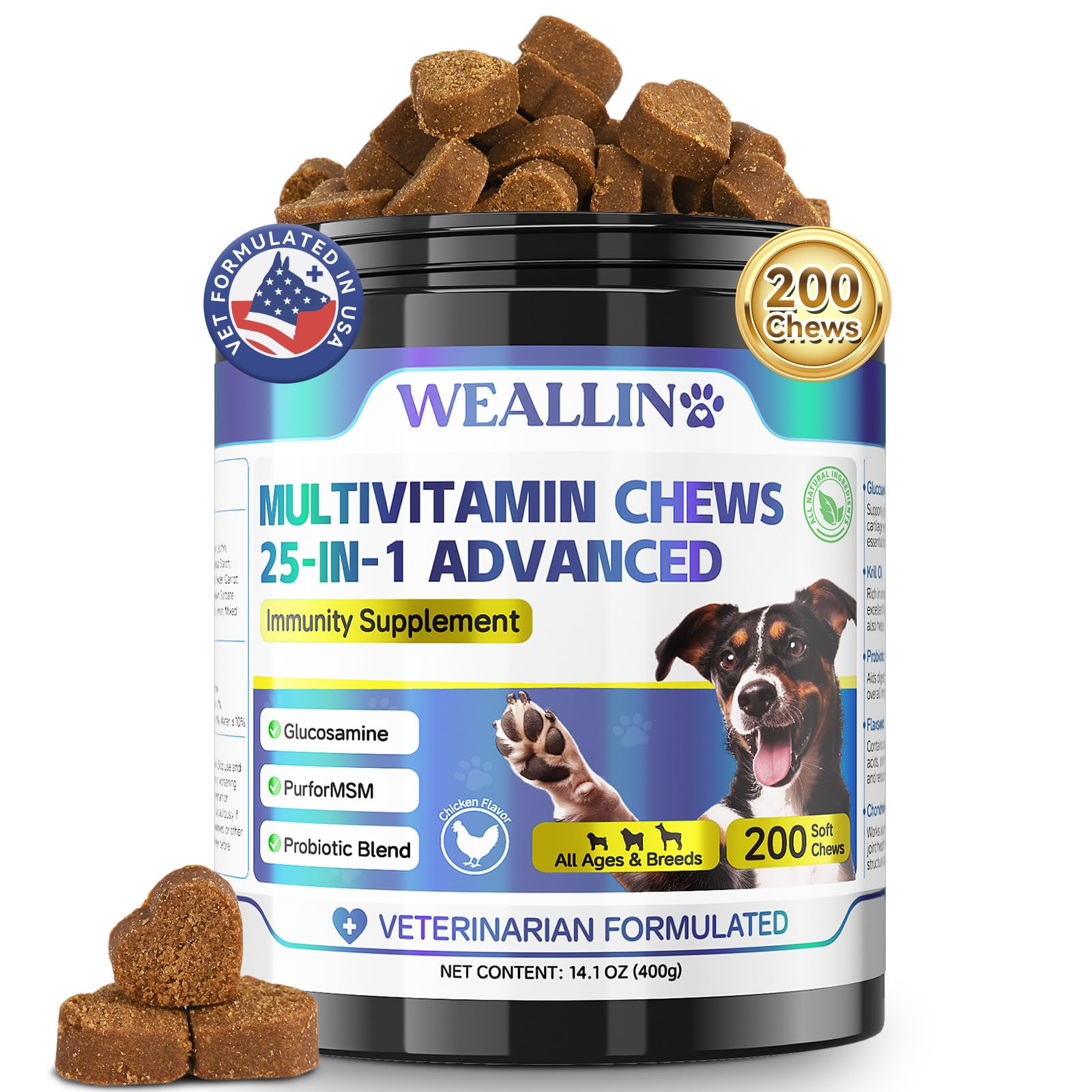 Dog Vitamins - 25-In-1 Dog Vitamins and Supplements Multivitamin For Dogs With Glucosamine Probiotics Omega-3 Dog Multivitamin C