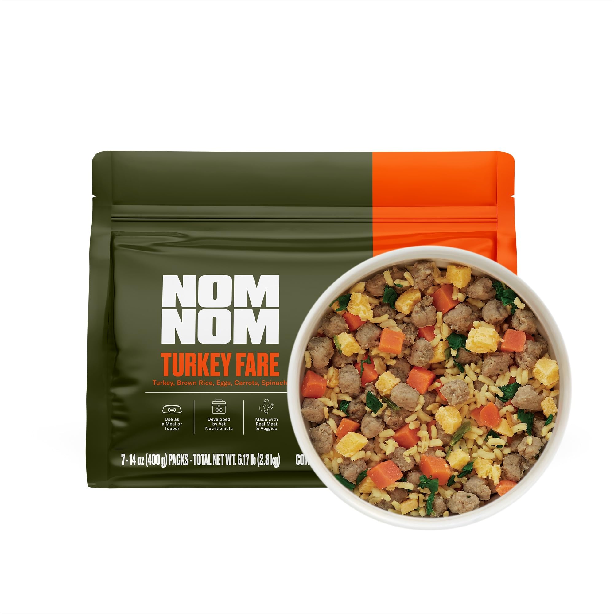 Nom Nom Freshly-Made Frozen Turkey Fare Dog Food - Vet-Formulated Meal or Topper with Real Turkey, Veggies & Brown Rice - 14oz P