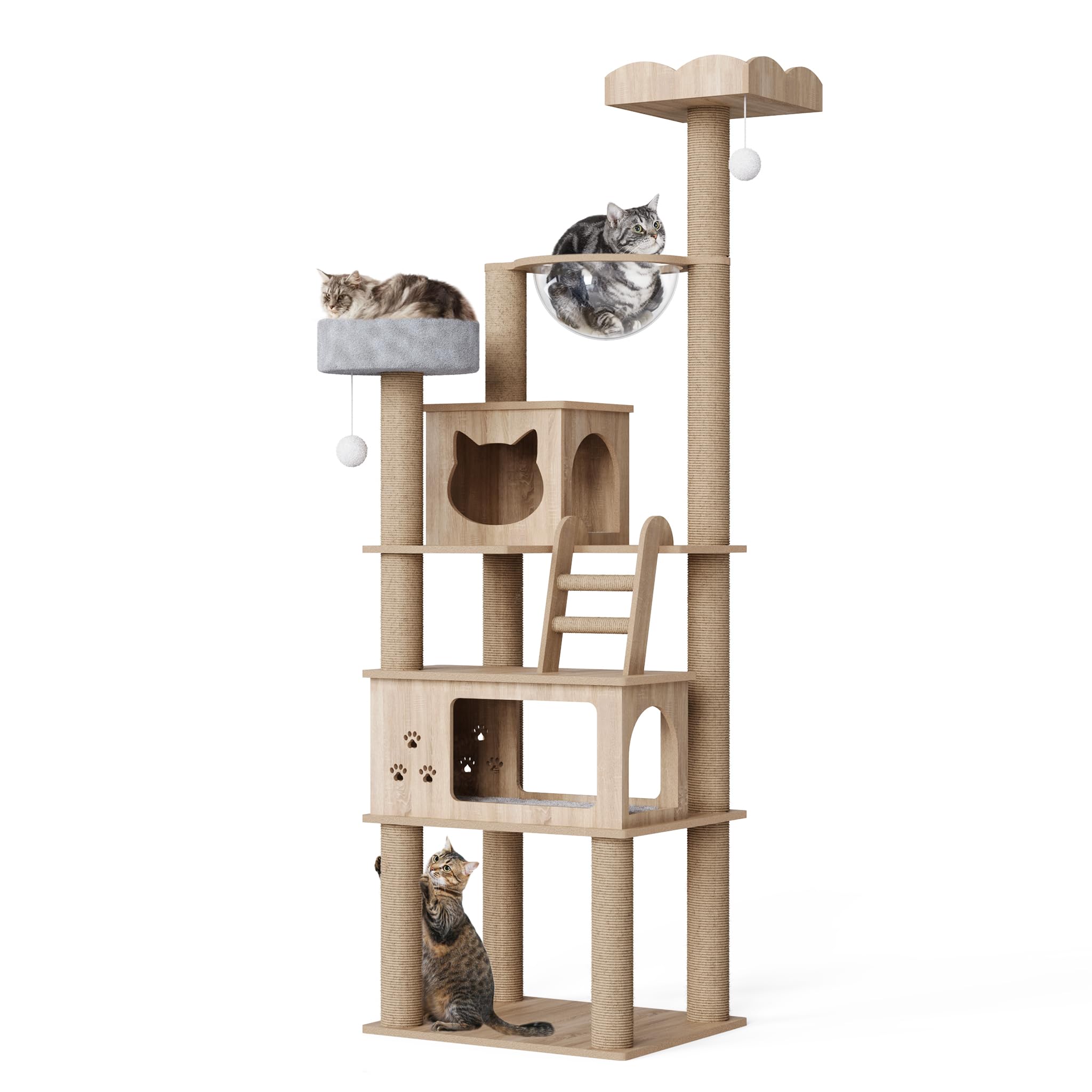 Mondeer Wood Cat Tree For Indoor Cats, 72'' Tall Cat Tower For Large Cat With Scratching Post Condos Perches And Capsule Nest Mo