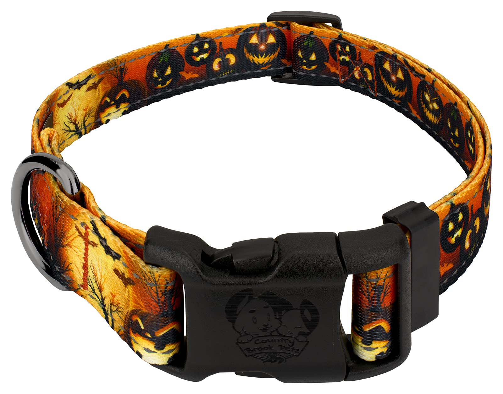 Country Brook Petz - Gunmetal Deluxe Midnight Fright Reflective Dog Collar Collection Featuring Night Safe Designs (1 Inch, Extr