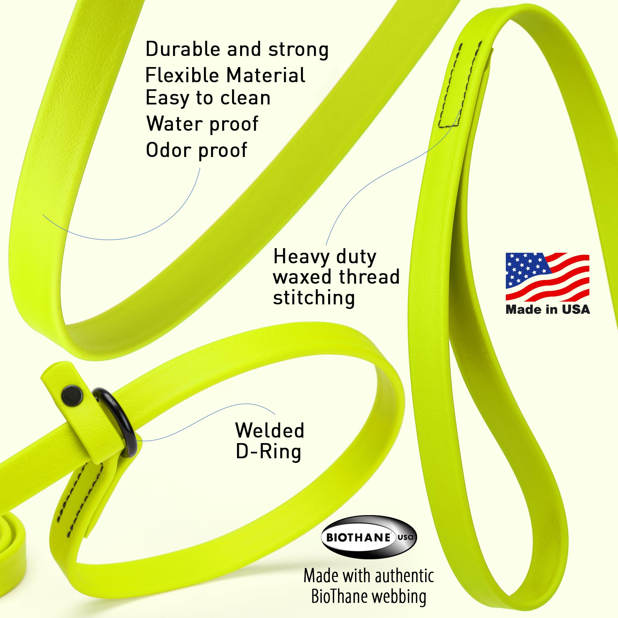 Dogline Biothane Slip Dog Leash - For Small, Medium And Large Dogs - Odor Free Slip Lead, Heavy Duty And Durable Material Kennel Lead - Safety Yellow - 5Ft L X 3/8In W