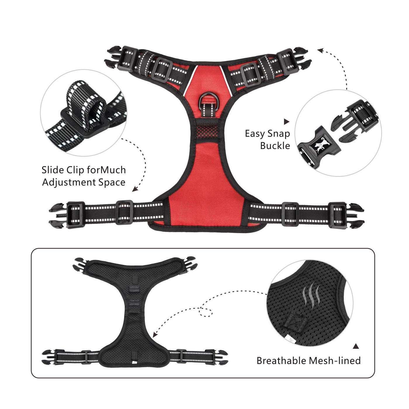 Poypet 2019 Upgraded No Pull Dog Harness With 4 Snap Buckles, 3M Reflective With Front & Back 2 Leash Hooks And An Easy Control Handle [No Need Go Over Dog’S Head (Red,M)