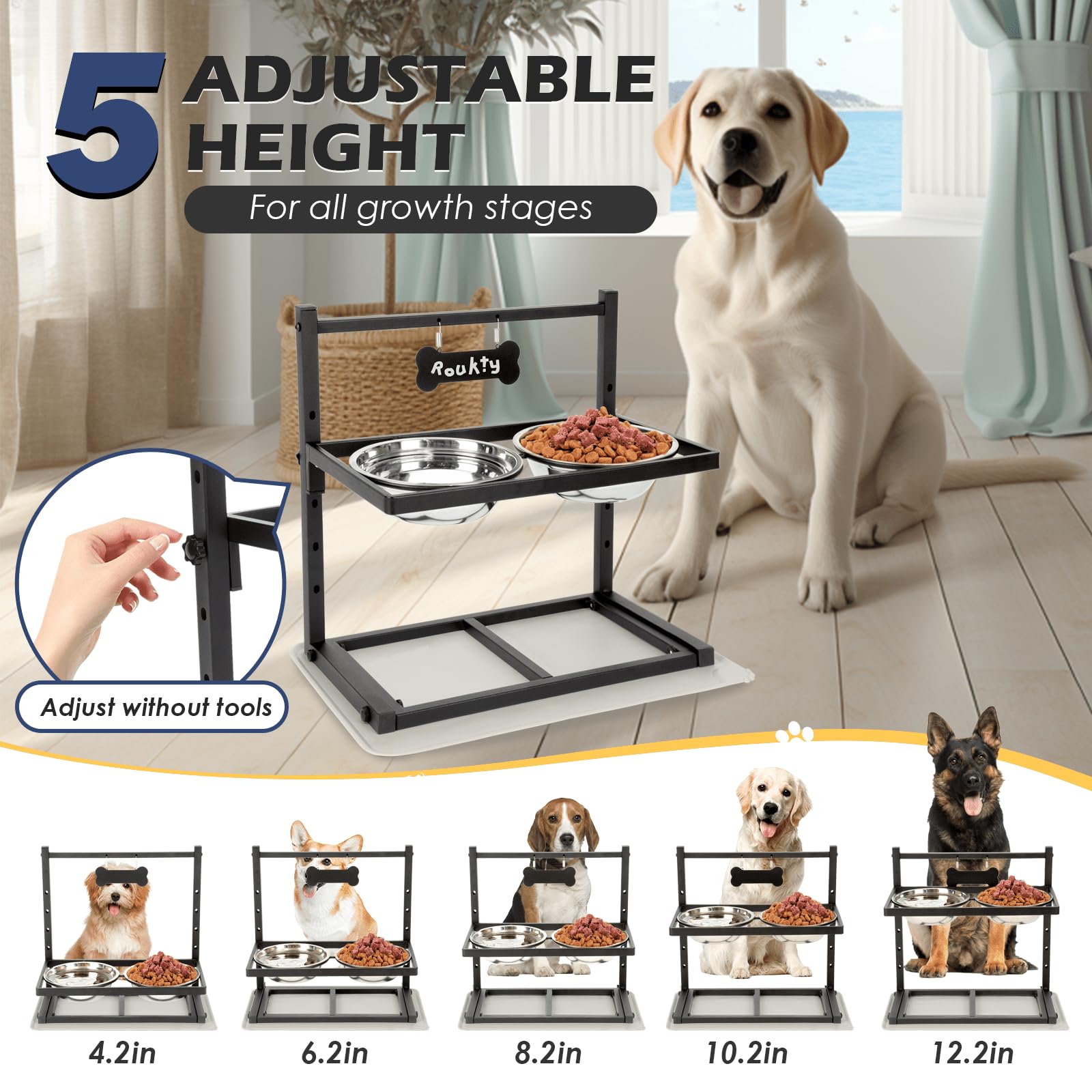 Adengl Elevated Dog Bowls With Slow Feeder, 5 Adjustable Heights, Anti-Slip, Durable Metal Frame, Spill Proof Mat, Rust-Resistan