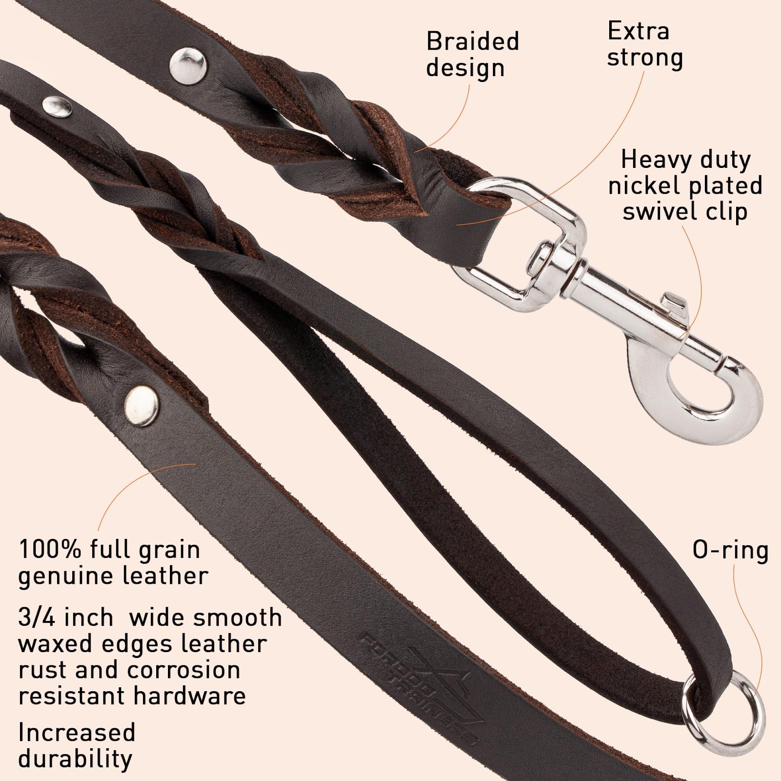 Viper Leather Dog Leash 4Ft, Dog Training Leash With Nickel Plated Hardware, Leather Leash For Dogs Large Medium Small Breeds (W