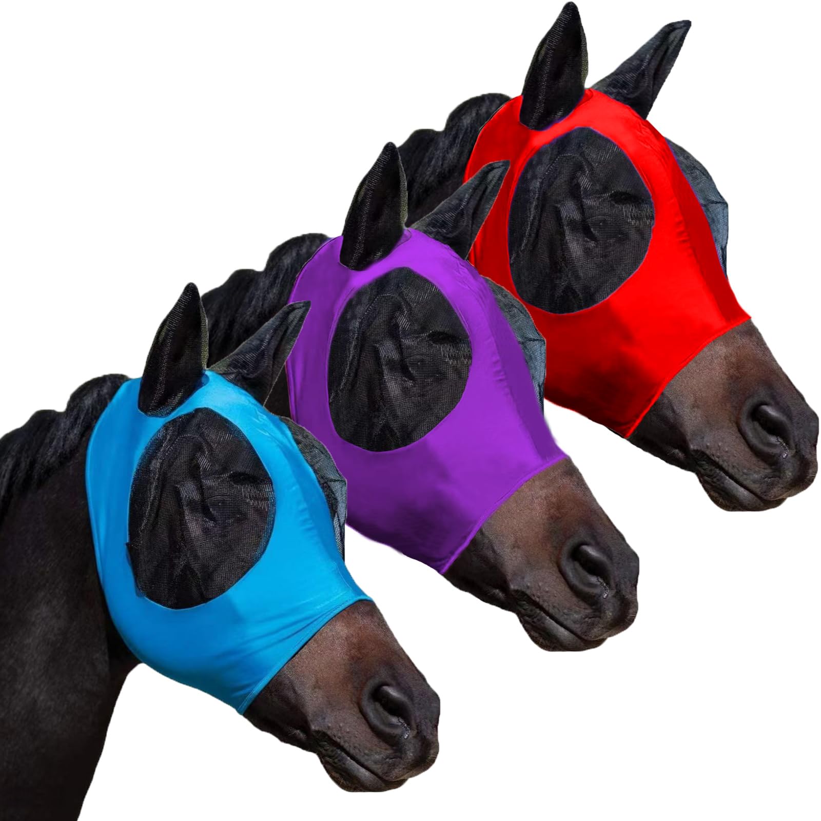 HUAME Fly Masks for Horses with Ears Set of 3, Comfort Fit Stretchy Fabric with UV Protection Soft on Skin Breathability for Med