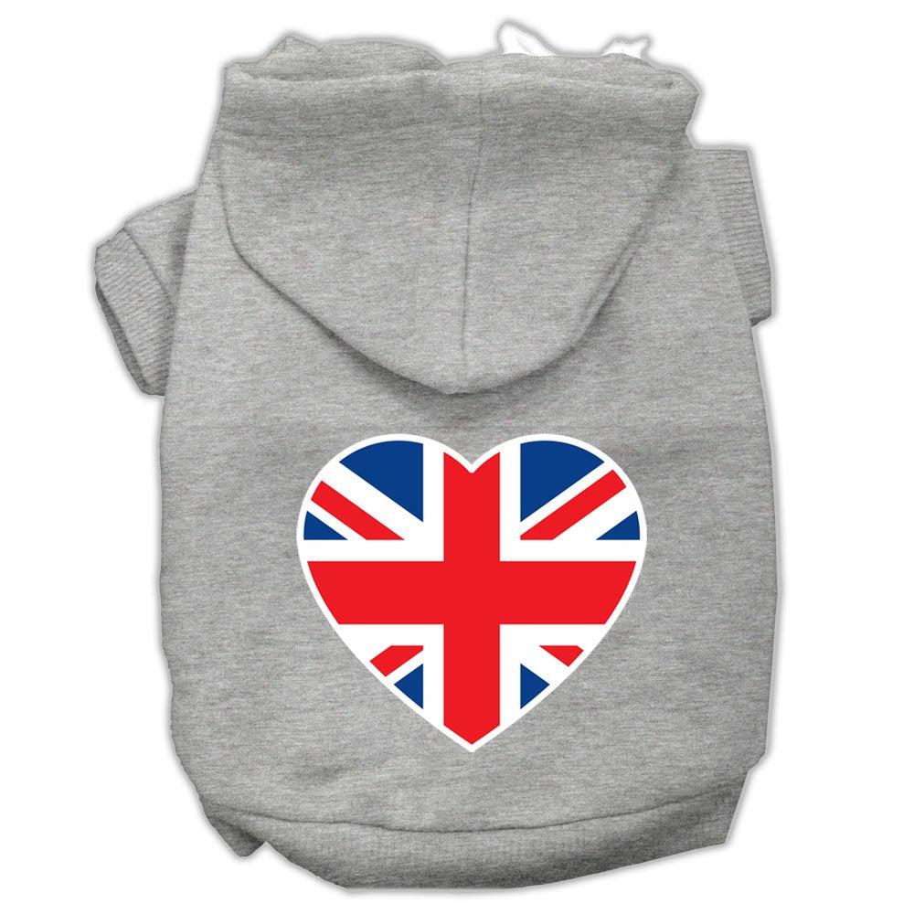 Pet Dog & Cat Hoodie Screen Printed, 'British Flag Heart' Gray Xs (0-3 Lbs.)