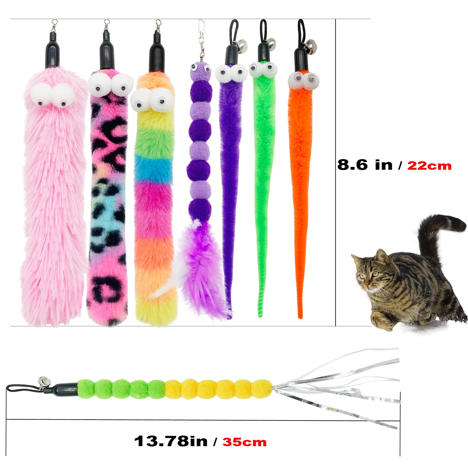 Cateness Cat Worm Toy Refills Cat Wand Replacement Worms, 8 Pcs Worms Cat Toy,Cat Wand Attachments Assorted Teaser Worms For Cat