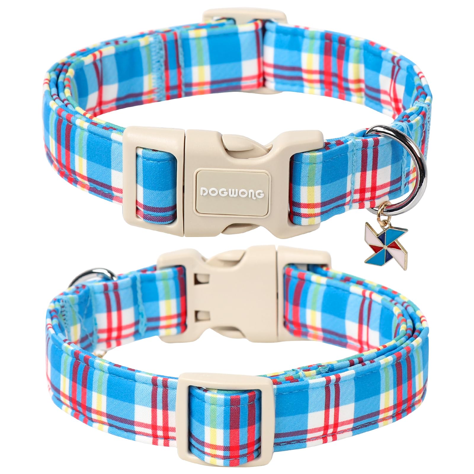 Dogwong Blue Plaid Dog Collar- Cute Checkered Dog Collars Adjustable Designer Blue Puppy Dog Collar For Small Medium Large Dogs