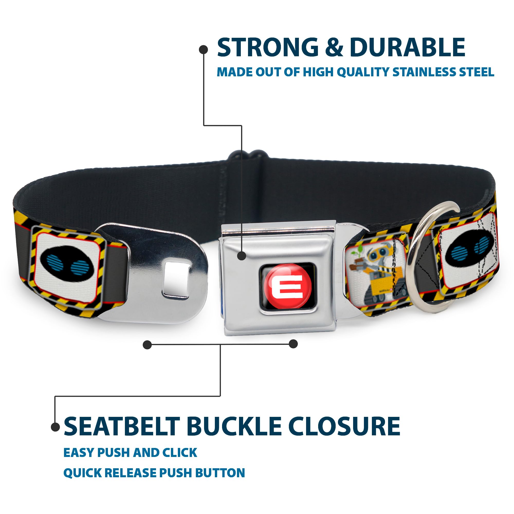 Dog Collar Seatbelt Buckle Wall E Eve Pose Face Hazard Blocks Gray Yellow Black 18 To 32 Inches 1.5 Inch Wide