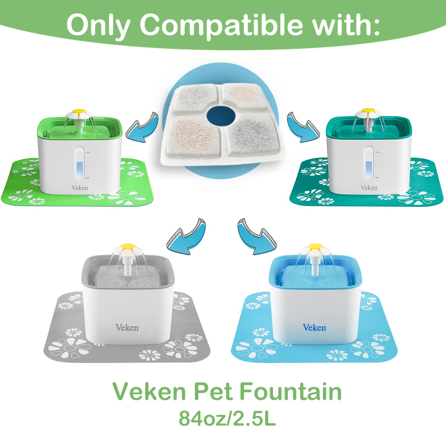 Veken 4 Pack Replacement Filters & 4 Pack Replacement Pre-Filter Sponges For Automatic Pet Fountain Cat Water Fountain Dog Water Dispenser