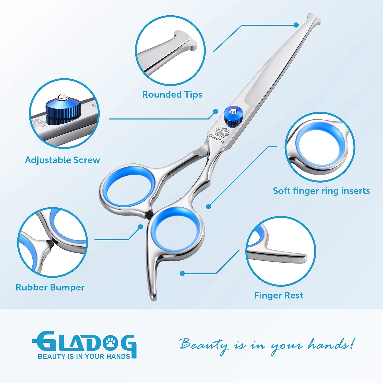 Gladog Professional 5 In 1 Dog Grooming Scissors Set With Safety Round Tips, Sharp And Durable Pet Grooming Shears For Cats