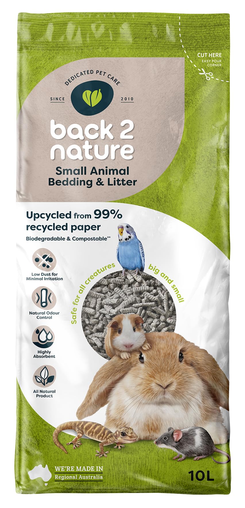 Back 2 Nature Bedding and Litter, (10l) Highly Absorbent 99% Recycled Paper Litter for Small Pets, Dry & Fresh Smelling Rabbit, 